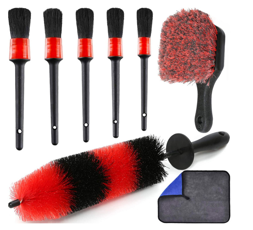 Red Color Car Detailing Brushes Kit For Washing Wheels 8 Pcs